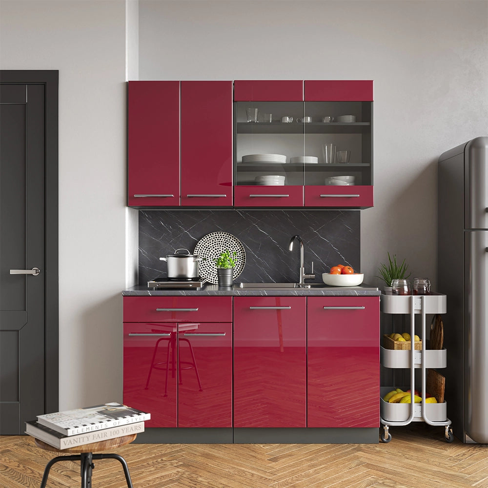 Vicco Cucina completa Bordeaux lucido/antracite 140 cm senza piano di lavoro