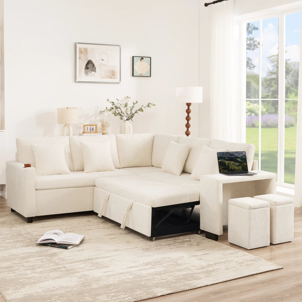 Divano Angolare Convertibile con Contenitore, Portabicchieri e USB ¨C Xylo ¨C Beige
