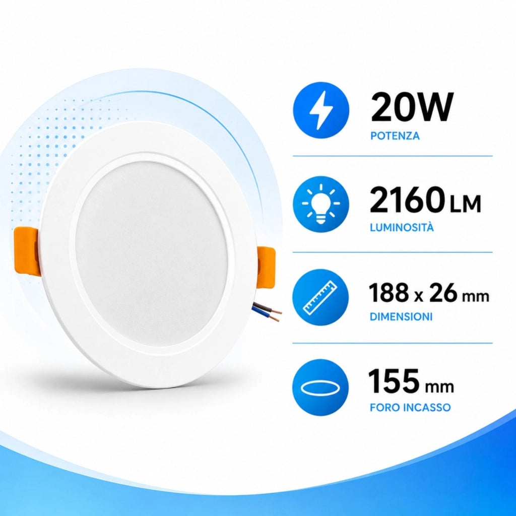Faretto LED da Incasso Rotondo CCT 3 Temperature, Fascio 120°, IP20 (20W 2160LM D188X26mm Foro 155mm)