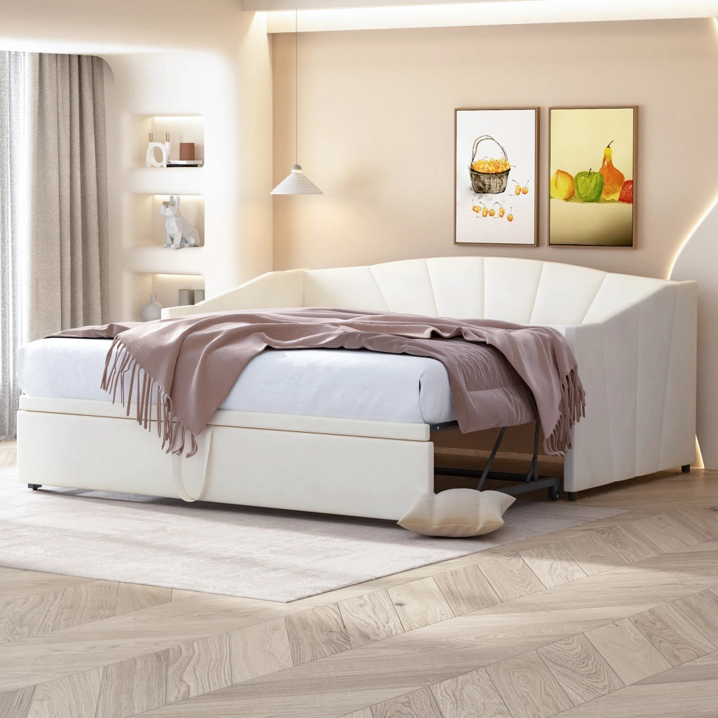 OKWISH Letto a Divano Estraibile 90×200 cm e 180×200 cm, Letto Singolo con Rete Estraibile e Braccioli, senza Materasso, Beige