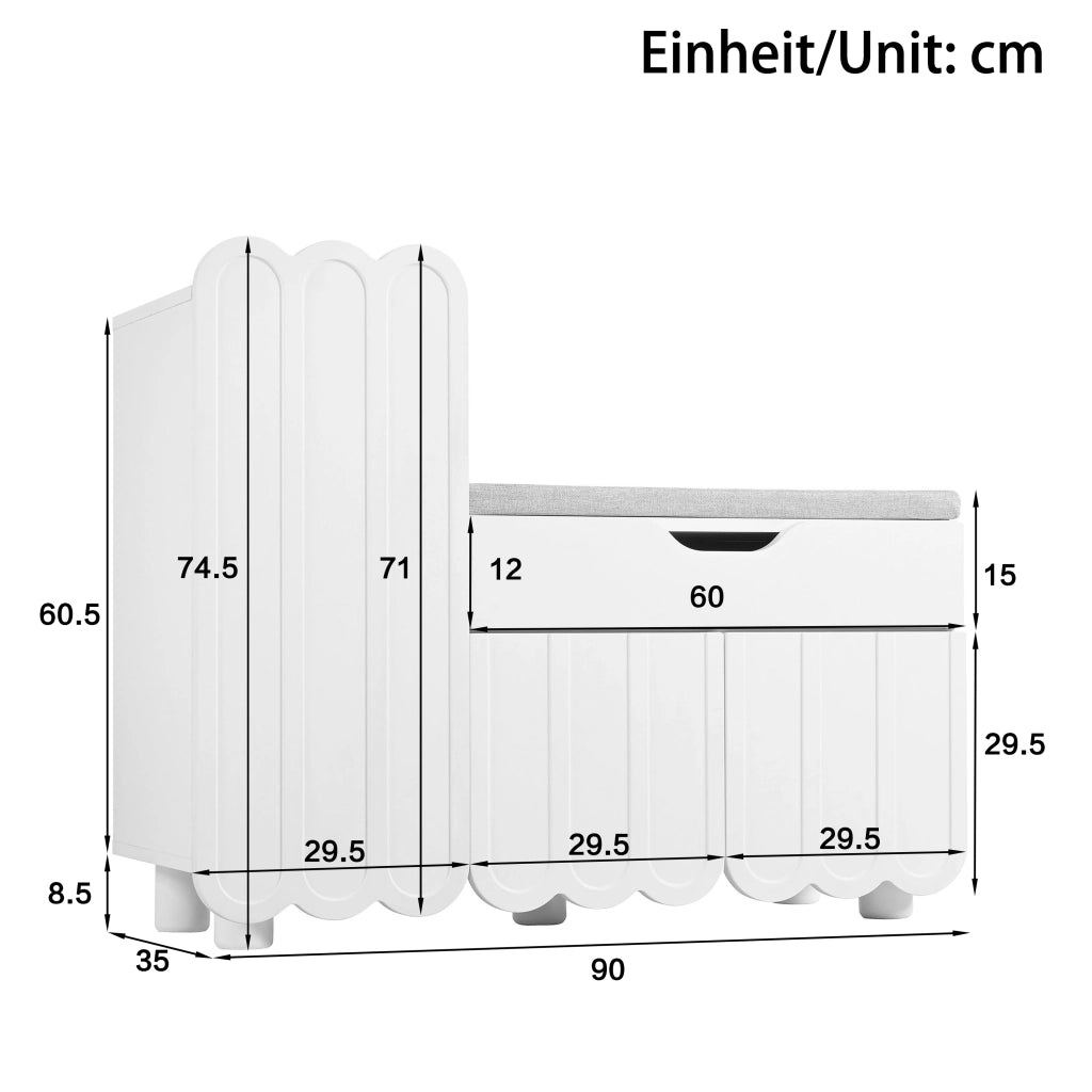 Scarpiera con 3 Ante; 1 Cassetto e Seduta Imbottita; Stile Moderno; in MDF; 90×35×74;5 cm; Bianco
