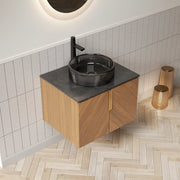 Mobile sottolavabo da bagno con lavabo rotondo in vetro nero, 2 ante e chiusura ammortizzata, nero e rovere 61 × 50 × 52,6 cm