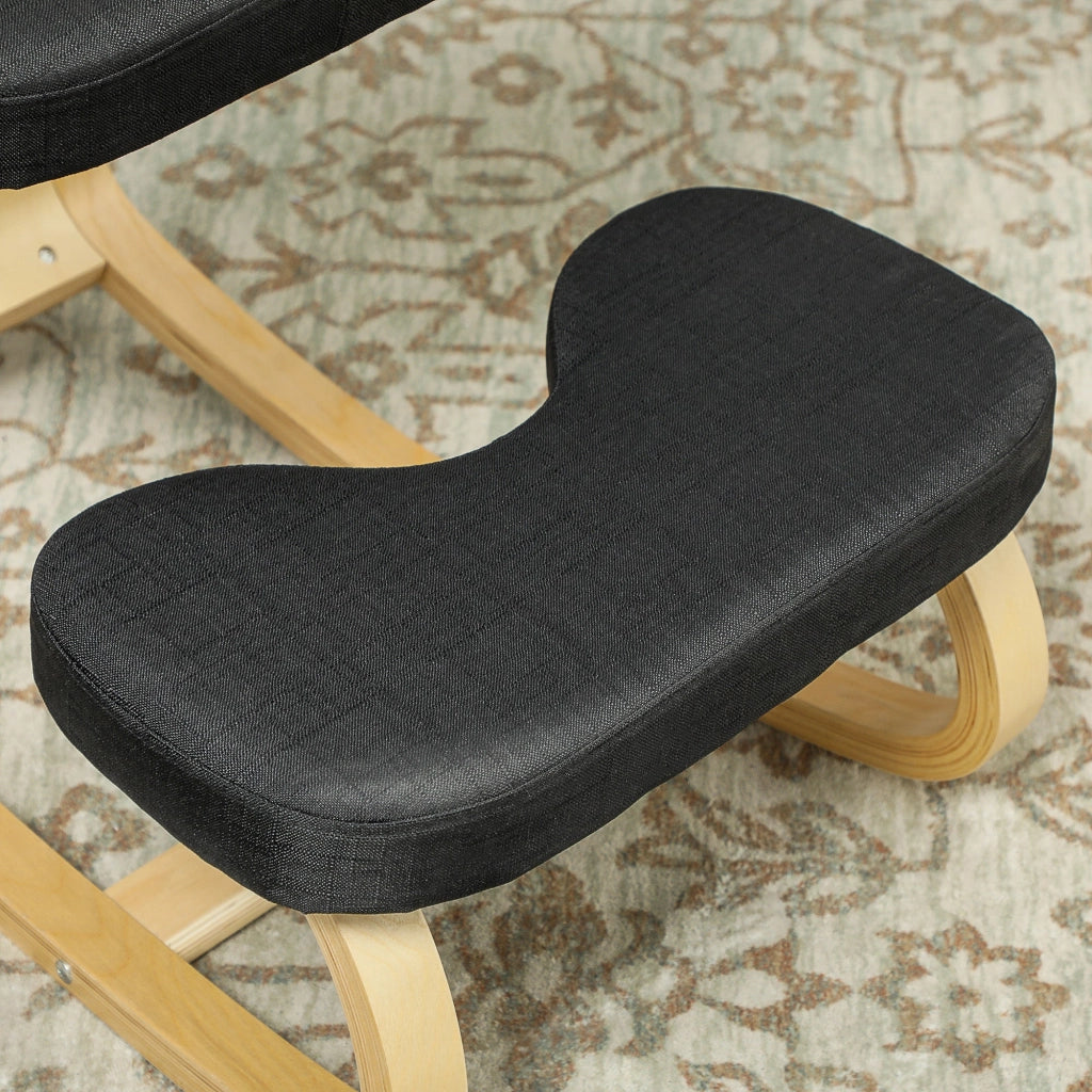 Sedia Inginocchiatoio con Movimento a Dondolo 50x73x55 cm in Tessuto Effetto Lino e Legno di Betulla Nero