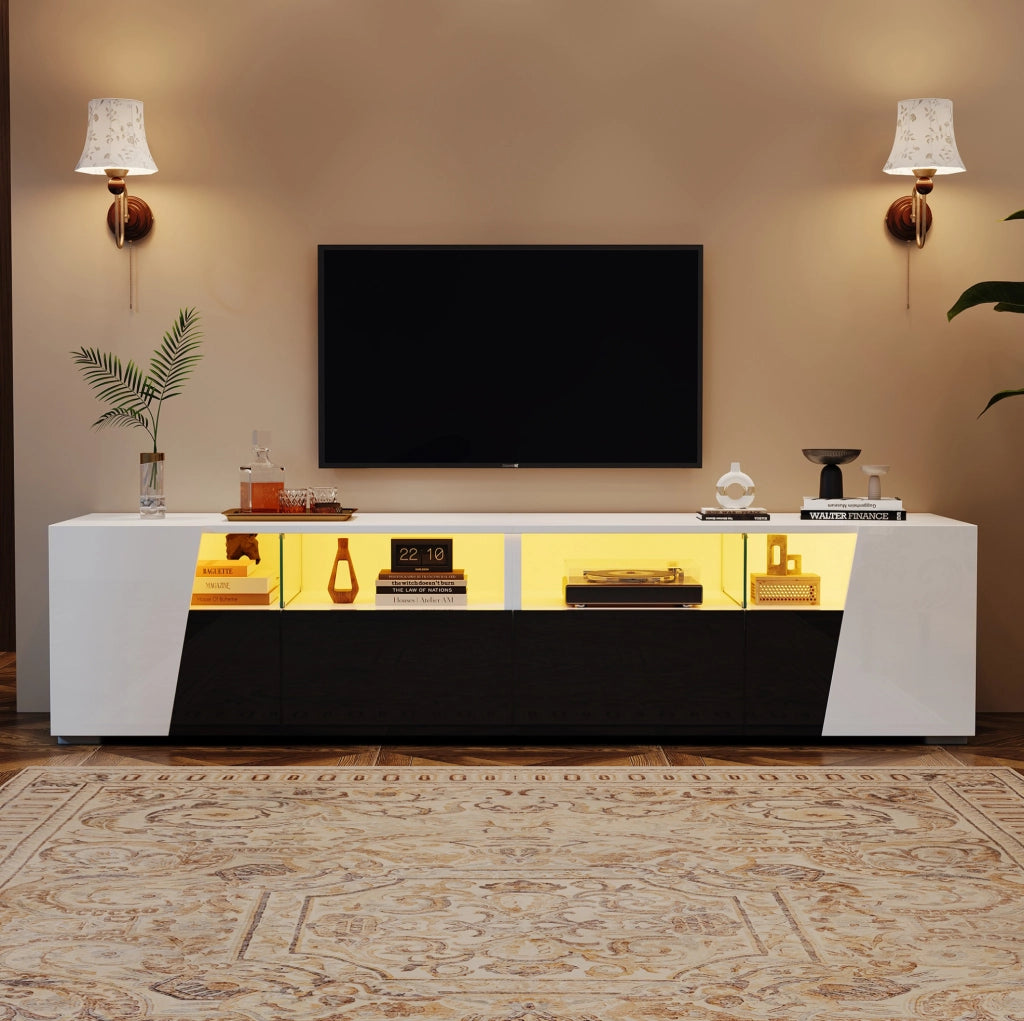 Mobile TV sospeso LED 180 cm bianco e nero con 2 cassetti e 2 ante