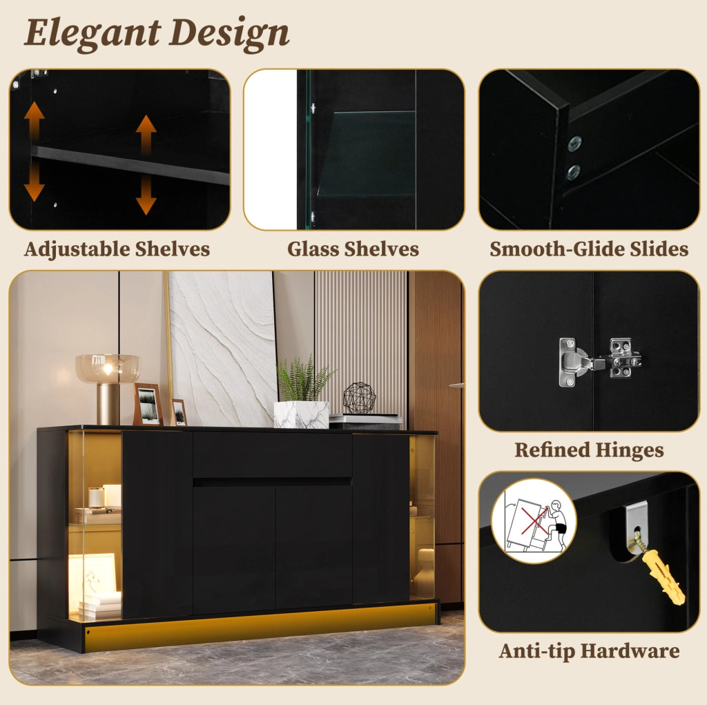 Credenza moderna con 2 vetrine in vetro; LED con app; 150x40x75 cm; nero