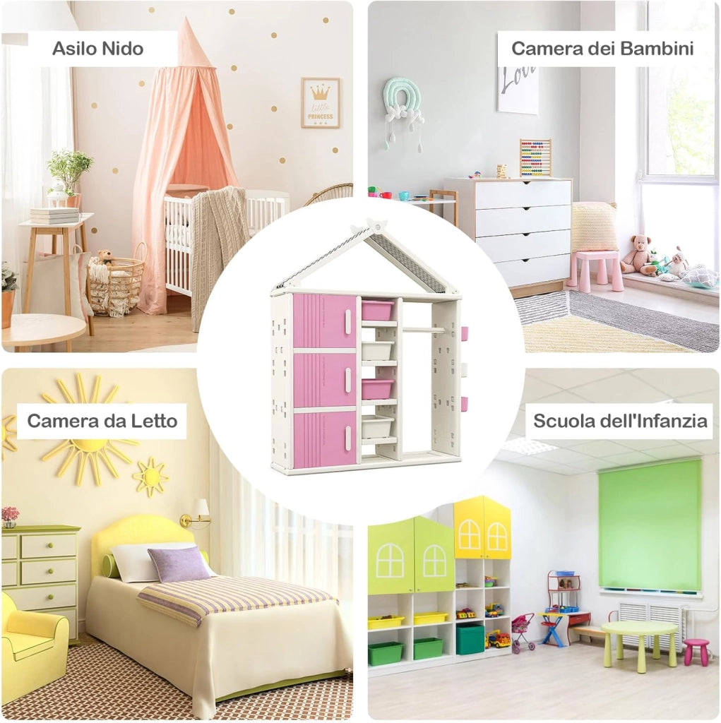 Armadio per Bambini, Organizzatore a Forma di Casa con Lavagna 3 Armadietti 4 Cestini 3 Cubi Chiusi e 3 Cestini Laterali, Armadietto Salvaspazio per Camera da Letto, 3 Anni+ (Rosa)