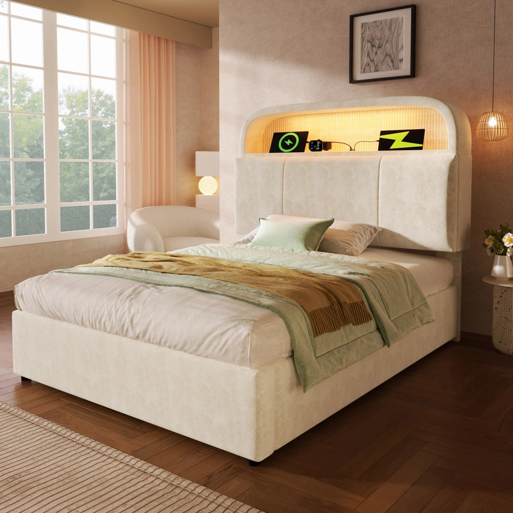 Letto imbottito 90x200 cm con contenitore, LED, USB e USB-C, in velluto beige