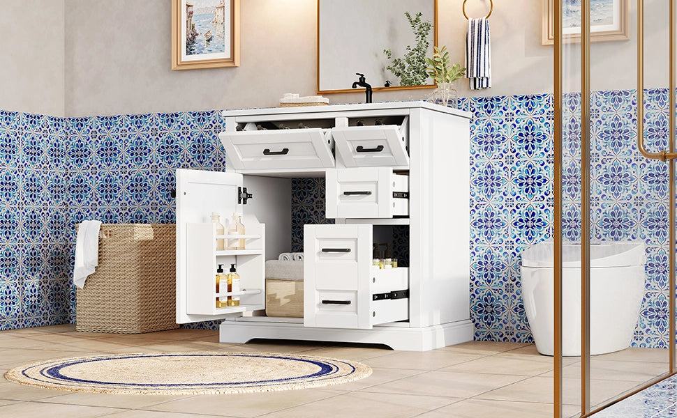 Mobile sottolavabo con 1 anta, 4 cassetti e lavabo in ceramica, per bagno, in MDF e ceramica, bianco, 76 × 47 × 82 cm