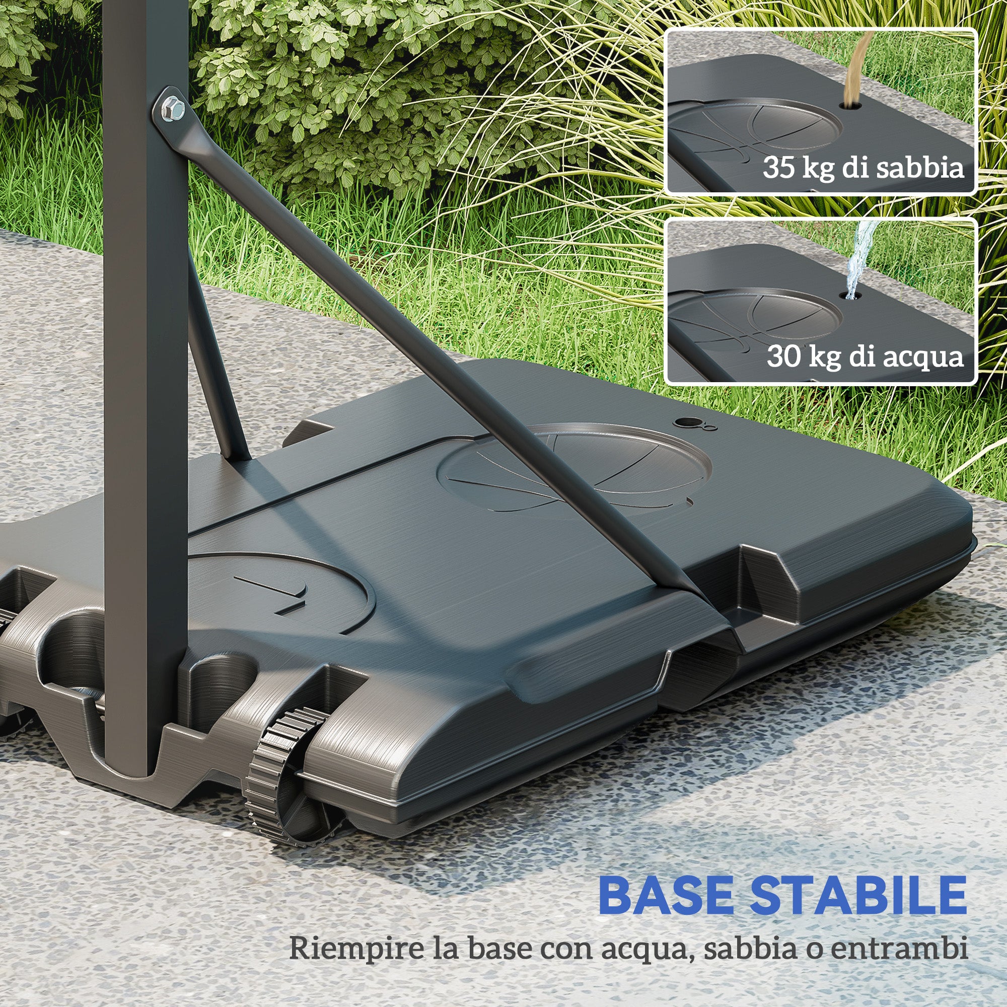 Canestro Basket da Esterno Regolabile 146-236 cm con Ruote e Base Riempibile Nero