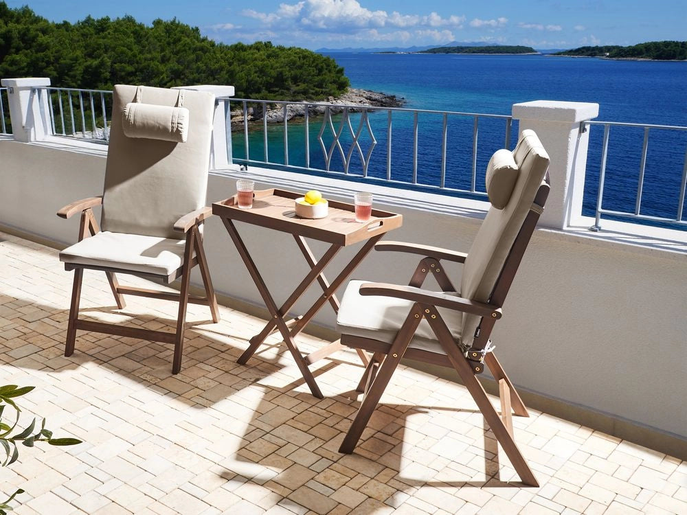 Set da giardino in acacia massiccia naturale con cuscini tortora in stile rustico
