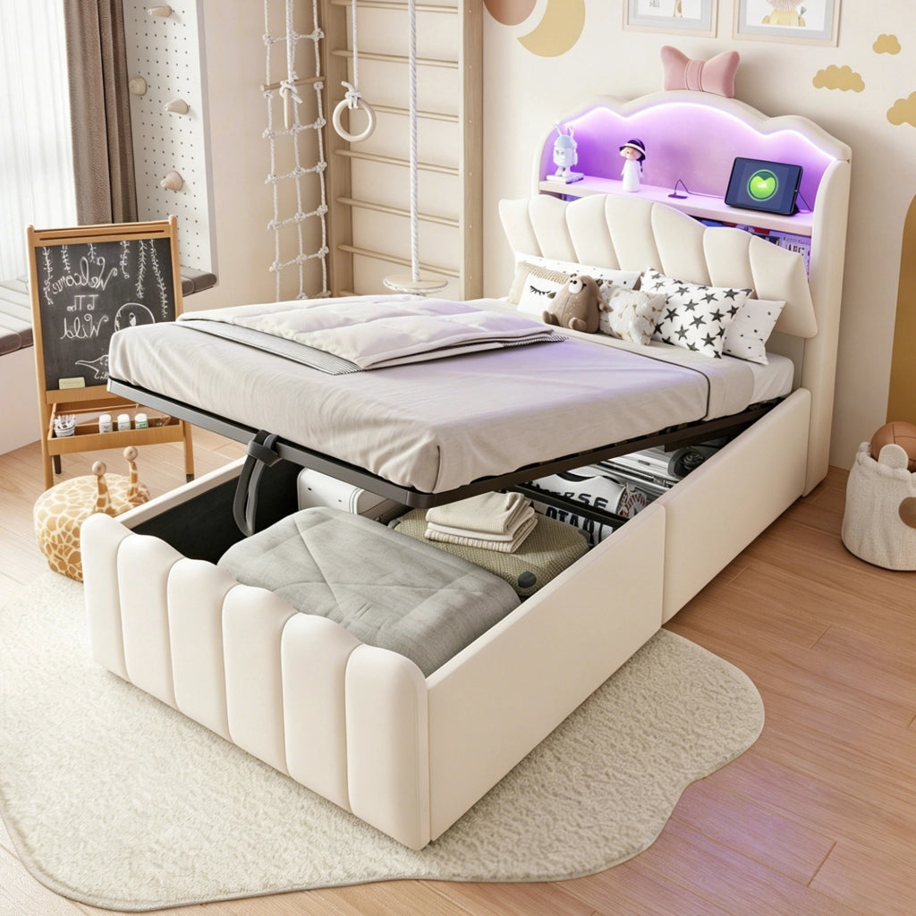 LETTO per bambini 90x200 cm beige in velluto con testiera a fiocco