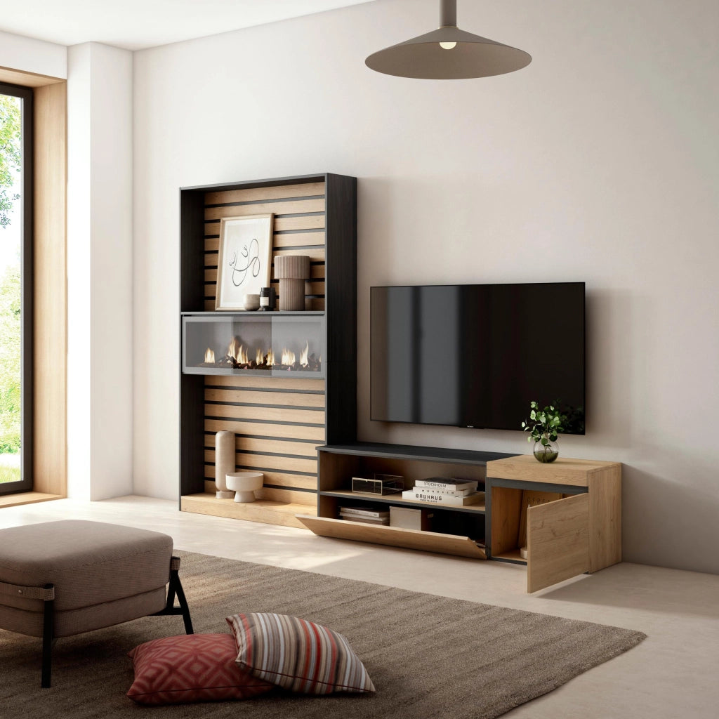 Mobile TV, Soggiorno, 260x35x186cm, Per TV fino a 65", Camino elettrico, colore Rovere e nero RF3156
