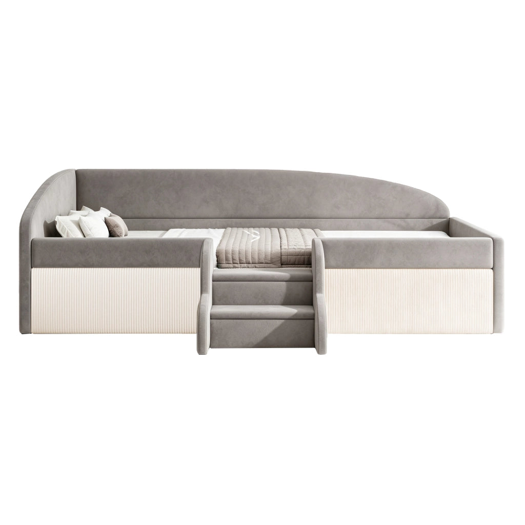 Letto imbottito per bambini con gradini e recinzioni, 90x190 cm, grigio