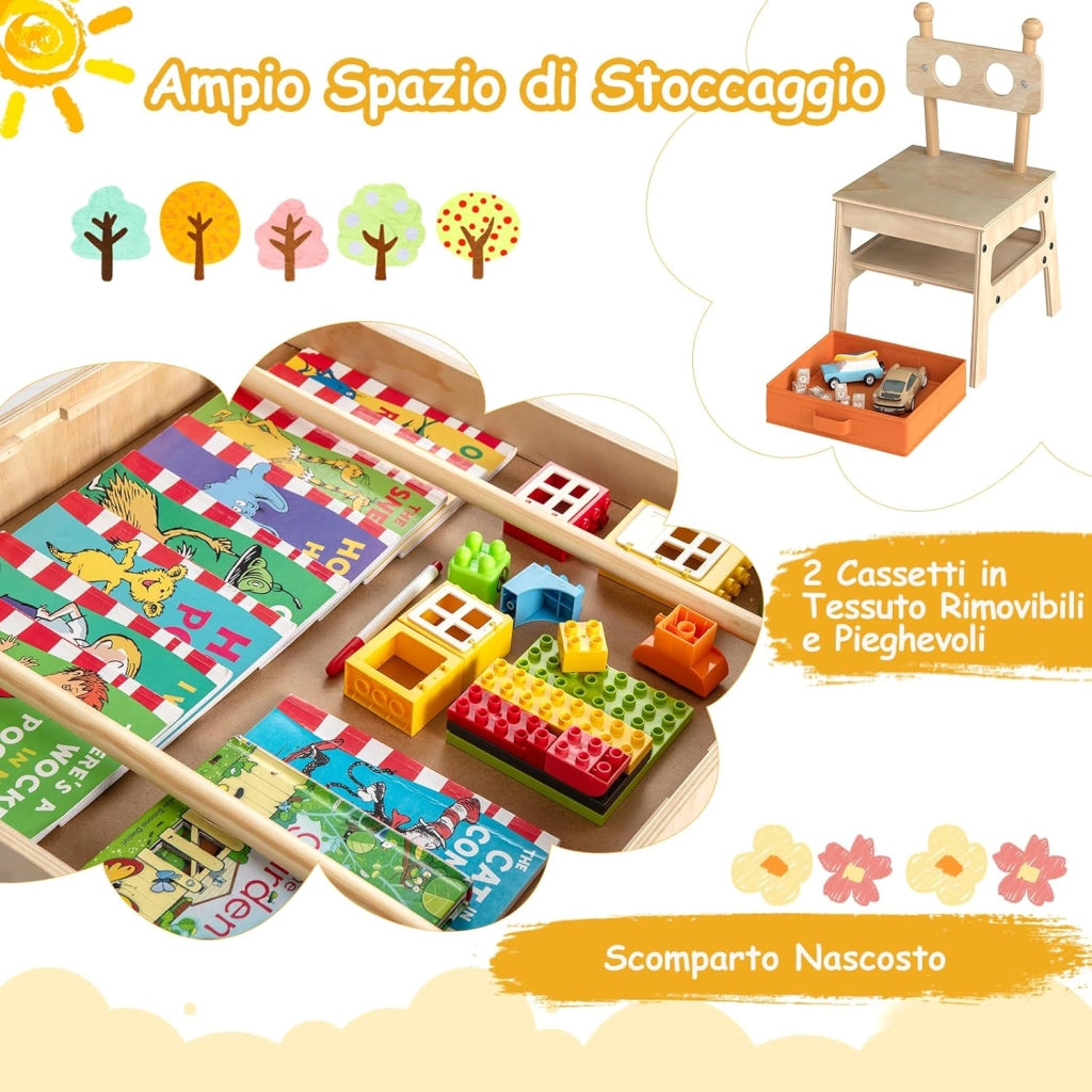 4 in 1 Set Tavolo e Sedie per Bambini 3+ Anni, Tavolo in Legno con Lavagna Reversibile Bianca e Nera, Sedie Ergonomiche con 2 Cassetti Portaoggetti, Ideale per Arti, Mestieri e Giochi (Robot)