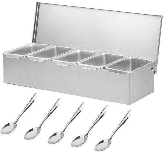 Contenitore per ingredienti pizza in acciaio inossidabile, contenitore per contorni con coperchio e cucchiaio, contenitore per ingredienti bar con deksel e lecca-lecca per gastronomia, contenitore bar per accessori pizza, stazione per toppe pizza (5)