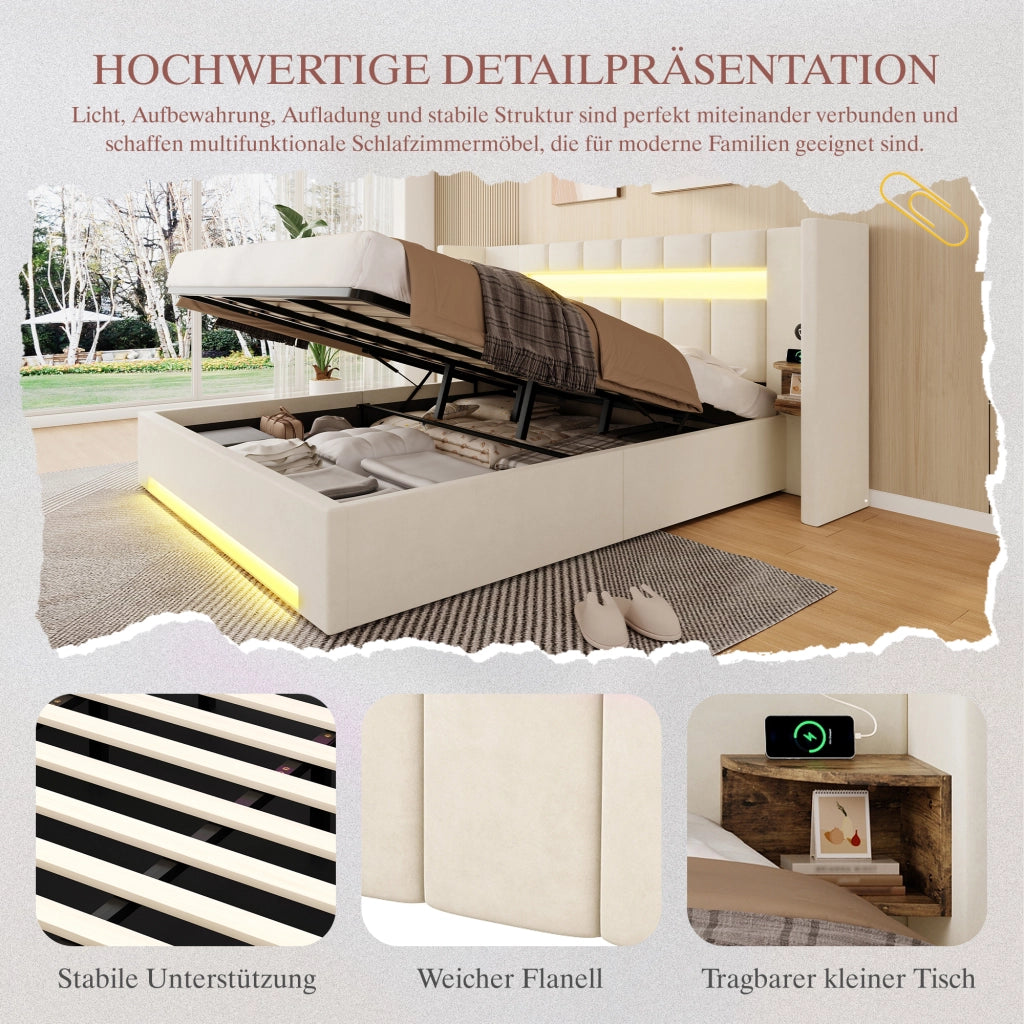 Letto contenitore 180 × 200 cm con testiera ampia USB LED vani laterali e sollevamento idraulico in velluto beige