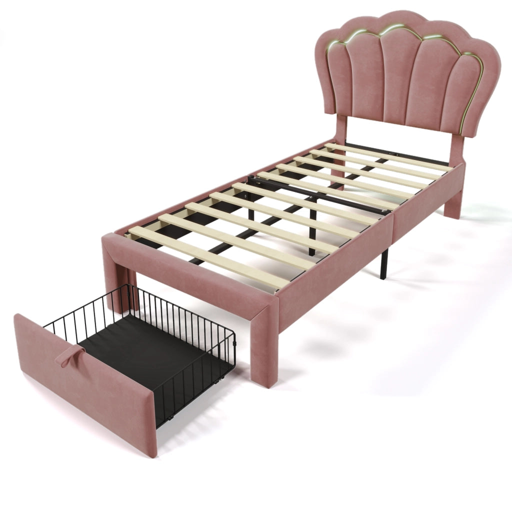 Letto singolo 90x200 cm in velluto rosa con LED RGB, cassetto e testiera regolabile