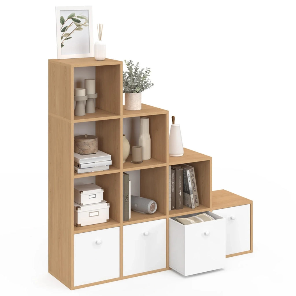 IDMarket - LORYS Mobile a 4 livelli in legno e bianco a gradini con 4 cassetti in tessuto