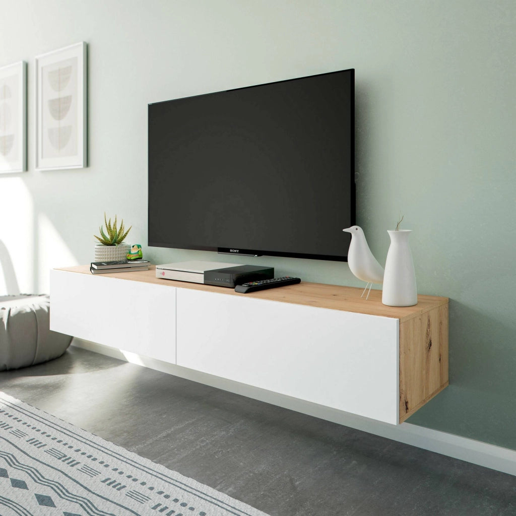 Mobile porta TV Senectus, Porta TV a 2 ante, Mobile sospeso soggiorno, 180x35h28 cm, Rovere Nodi e Bianco lucido