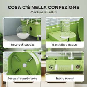 Gabbia per Criceti a 2 Livelli 44,5x28x44 cm 3 Porte con Ruota e Tubi Verde e Bianco
