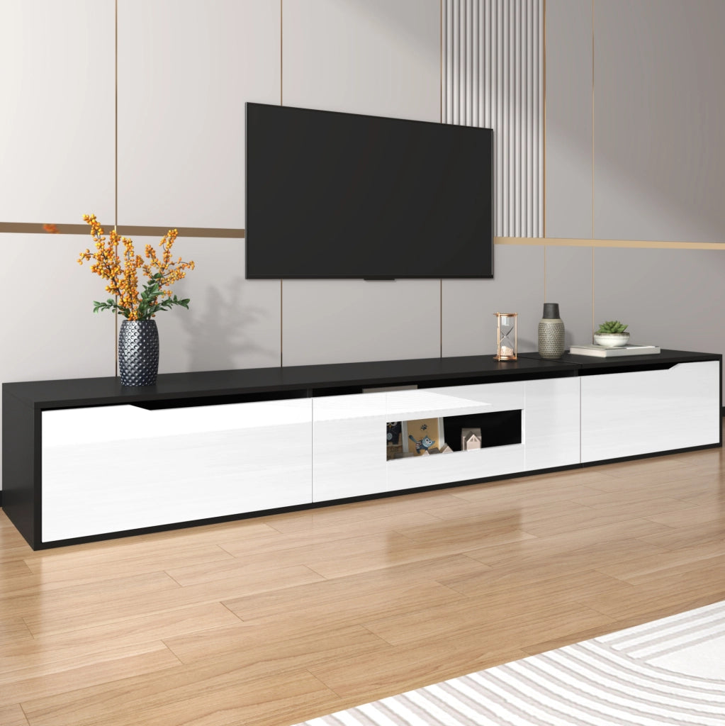 Mobile TV basso 180 cm nero e bianco con LED USB, finitura lucida