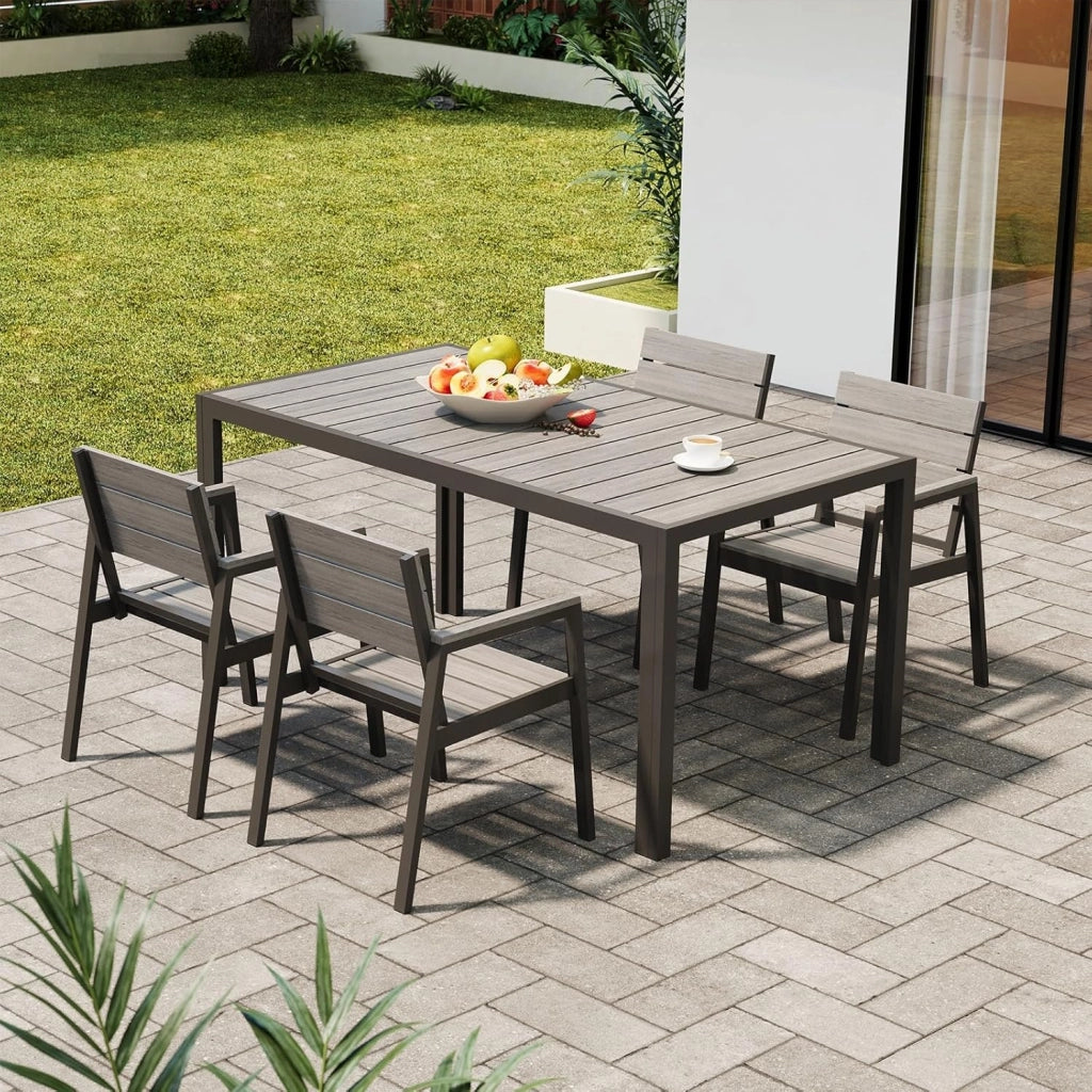 HDPS Set Tavolo e Sedie da Giardino 7 Pezzi Resistente alle Intemperie, Completo di Tavolo 189 cm e 6 Sedie da Esterno in Alluminio, Finitura a Vena di Legno e Facile da Manutenzionare,Naturale