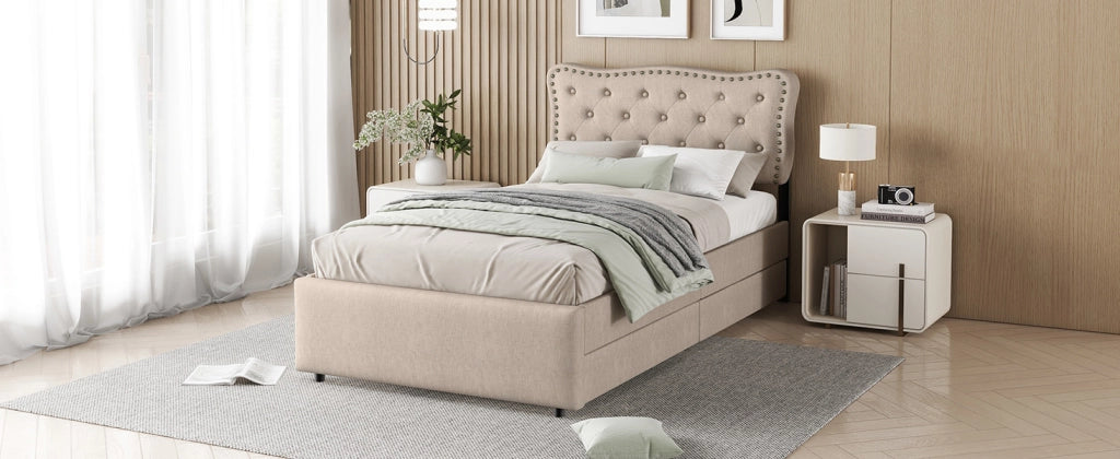 DESMIU Letto singolo 90 × 200 cm con 2 cassetti, testiera regolabile, senza materasso, in MDF e lino, beige