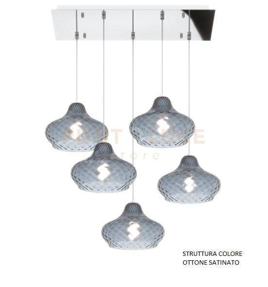 SOSPENSIONE OTTONE SATINATO 5 LUCI RETTANGOLARE VETRI PICCOLI ZAFFIRO 1191OS-S5 RP-ZA