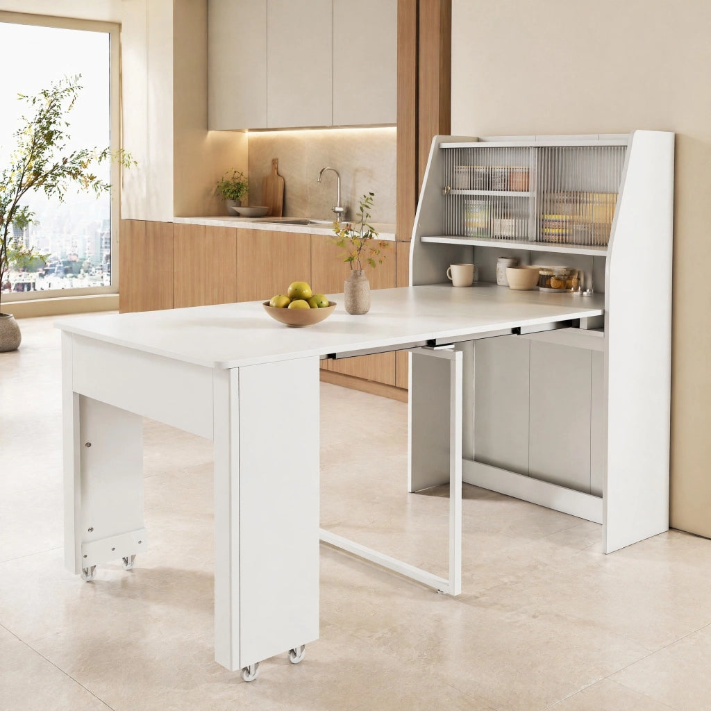 Tavolo allungabile salvaspazio con contenitore in truciolato e vetro bianco per sala da pranzo e salotto
