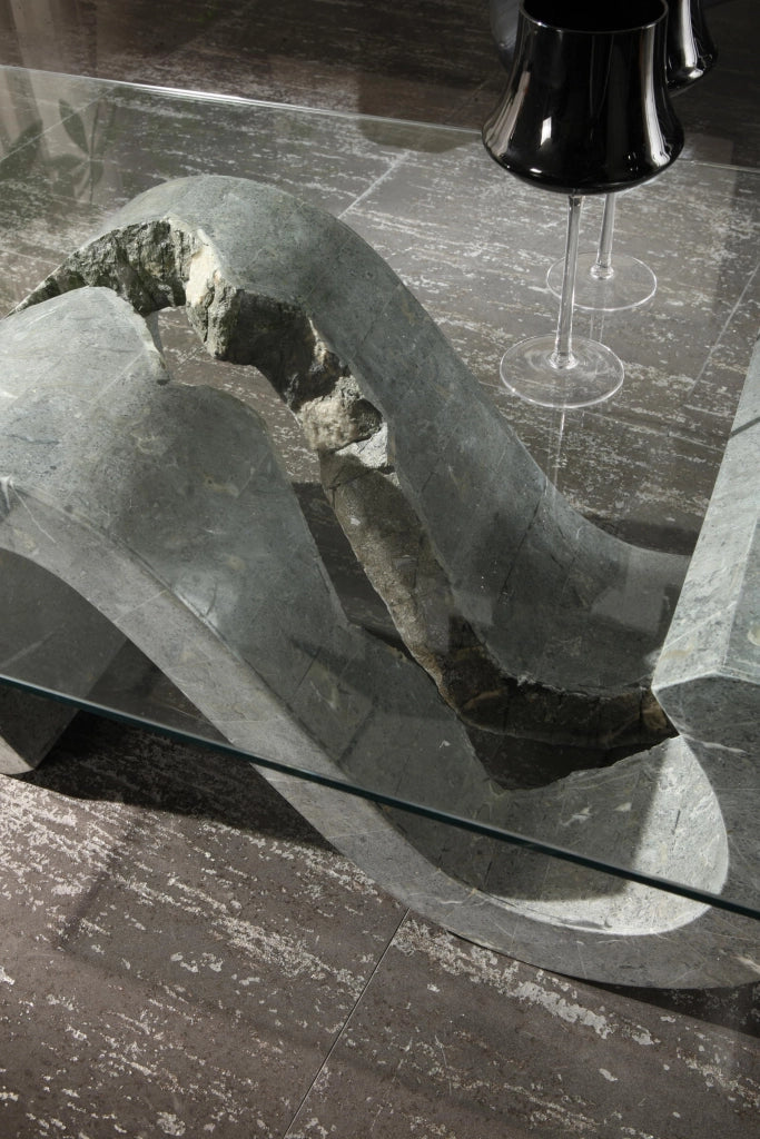 Flexus Tavolino Rettangolare con Base in Pietra Fossile Gray Stone e Top in Vetro Temperato Trasparente - Design Moderno Esclusivo