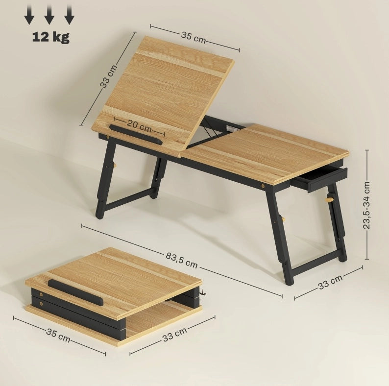 Tavolino da letto 83.5x33x23.5-34 cm regolabile e pieghevole in bambù naturale