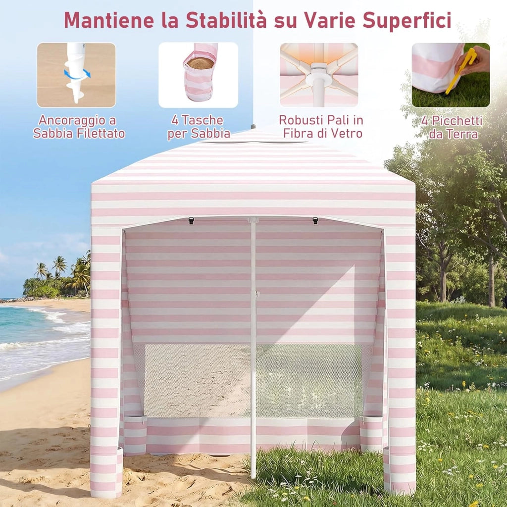 Tenda da Spiaggia Pieghevole, Tenda da Mare con Parete Laterale Rimovibile e Borsa Portatile, Regolabile in Altezza, per Spiaggia, Campeggio e Picnic (Rosa+Bianco, 185 x 185 cm)