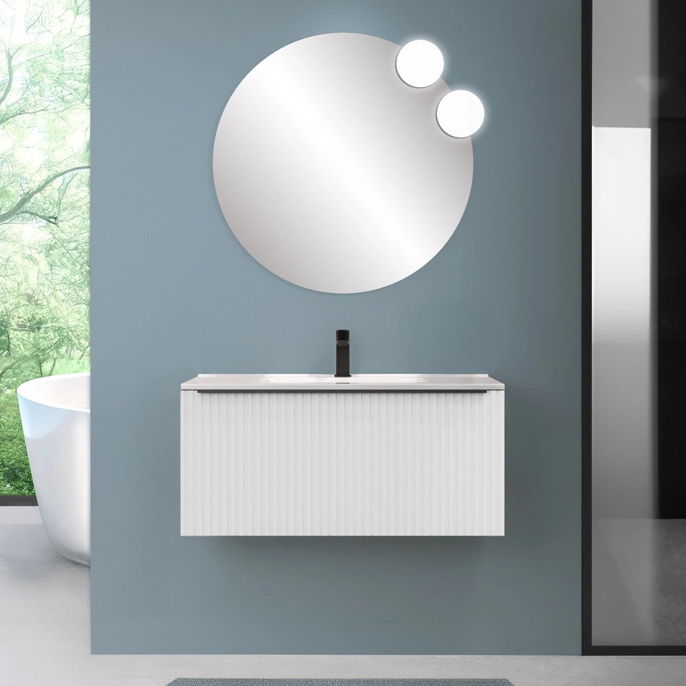 Mobile bagno sospeso 100 cm bianco opaco cannettato con cassetto e lavabo Nara