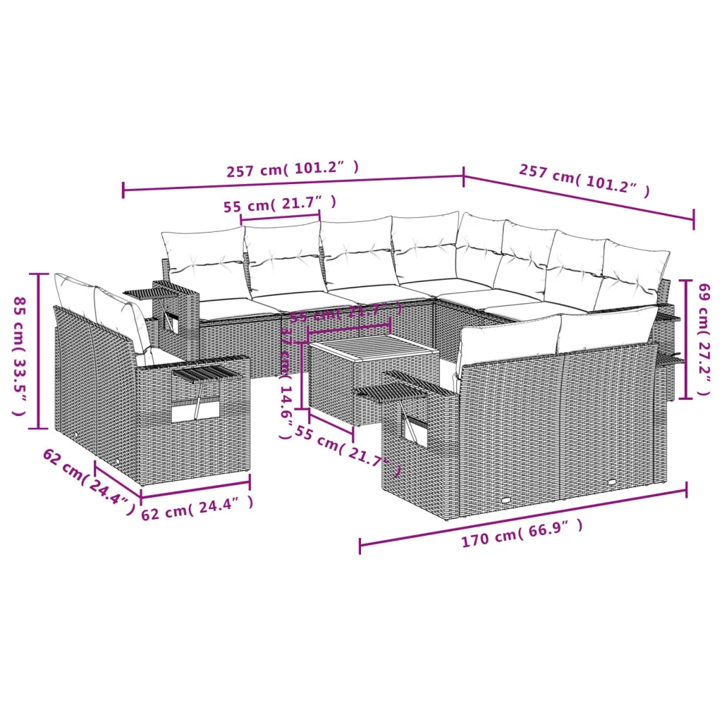 Set Divani da Giardino 12 pz con Cuscini Nero in Polyrattan 3224824