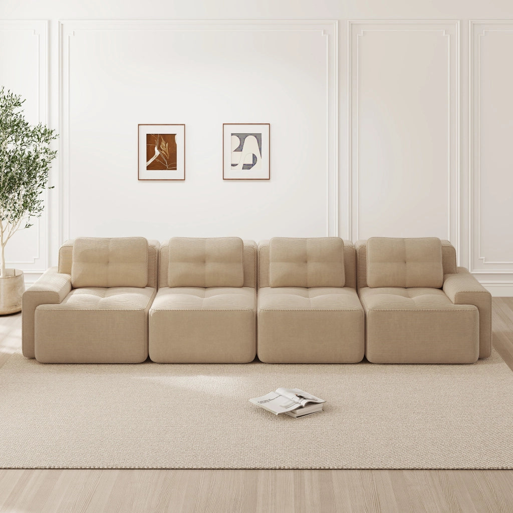 divano modulare 4 posti; seduta profonda 74 cm; schiuma 32D; tessuto velluto a coste beige