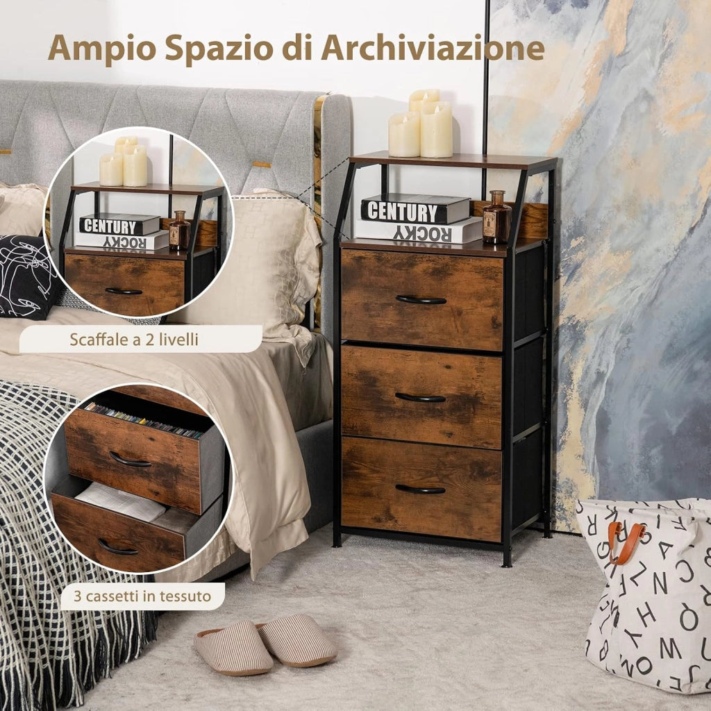 Cassettiera con 3 Cassetti Rimovibili, Ripiano Superiore e Struttura Solida in Acciaio, Mobile con Cassetti per Camera da Letto Soggiorno e Studio, 45 x 29,5 x 92 cm