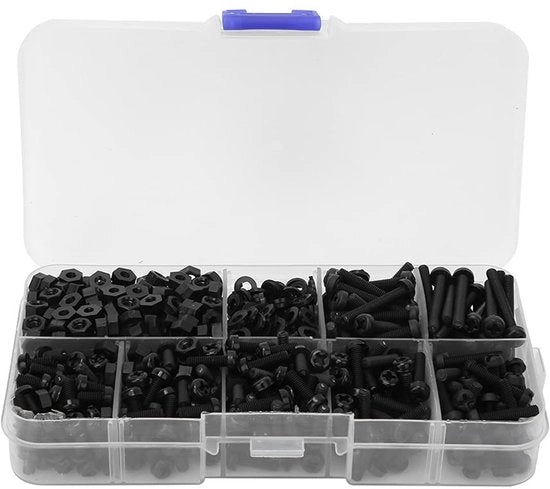 Set di viti a moquette 800 pezzi - Materiali di fissaggio in nylon - Disco di supporto - Pacchetto completo di elementi di fissaggio - Nero - Per uso generale - Materiale di fissaggio