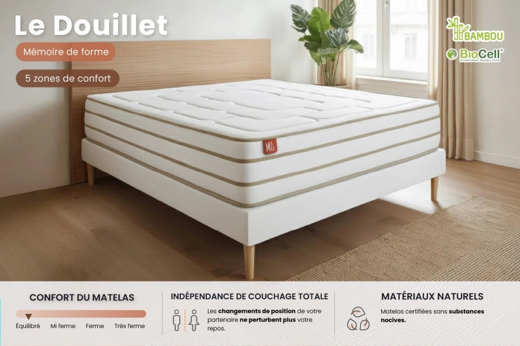 Pacchetto letto completo - Materasso 140x190cm + Box spring con doghe (kit) + 2 cuscini + Piumino - Le Douillet