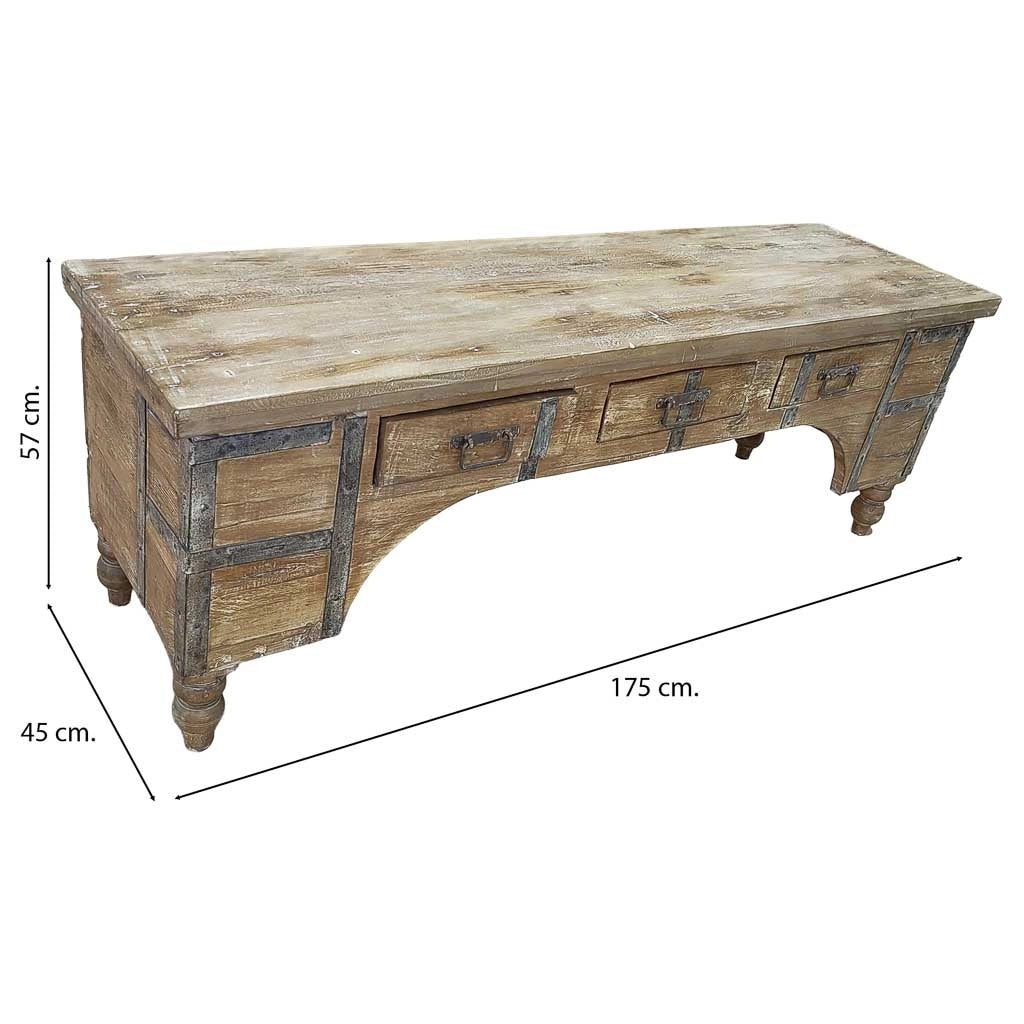 Mobile basso artigianale in legno 165-175x45x57h cm