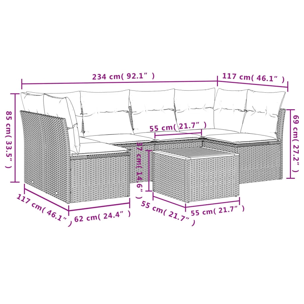 Set Divani da Giardino 7 pz con Cuscini Beige in Polyrattan
