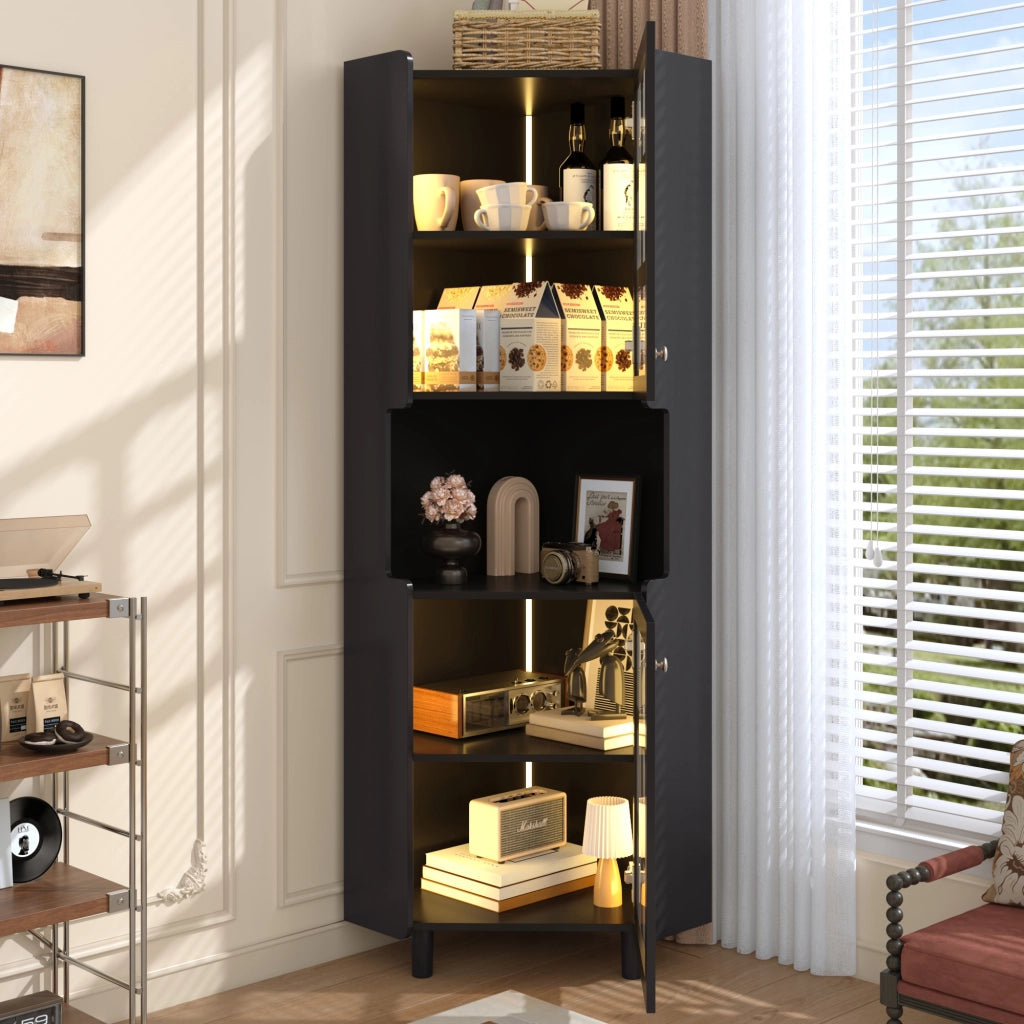 Armadietto angolare con LED e 2 ante in MDF laccato nero con ripiano aperto per soggiorno bagno e camera 63,5 × 157,5 cm
