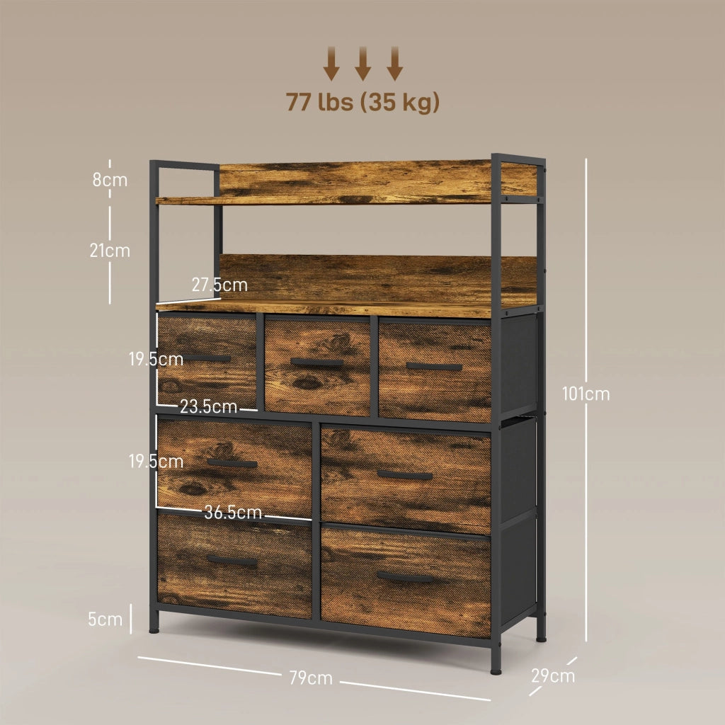 Cassettiera Stile Industriale con 7 Cassetti in Tessuto Rimovibili 79x29x101 cm Struttura in Legno e Acciaio Marrone e