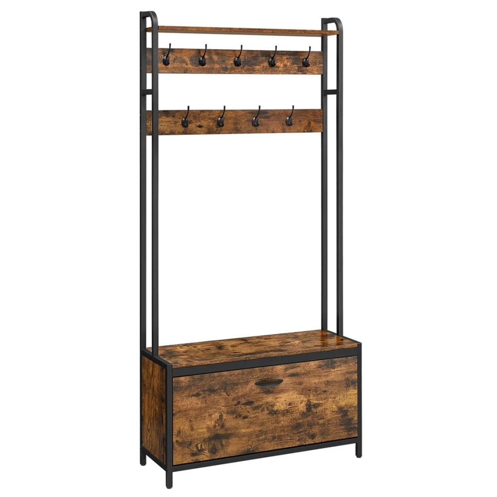 Mobile da ingresso con panca 9 ganci e ripiano 30 x 85 x 180 cm attaccapanni guardaroba per corridoio camera da letto stile industriale marrone rustico e nero 12_0006386