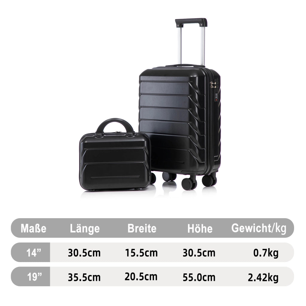 Set di 2 valigie girevoli in ABS da 14"/19" con lucchetto a combinazione e trousse da 14" (Nero)