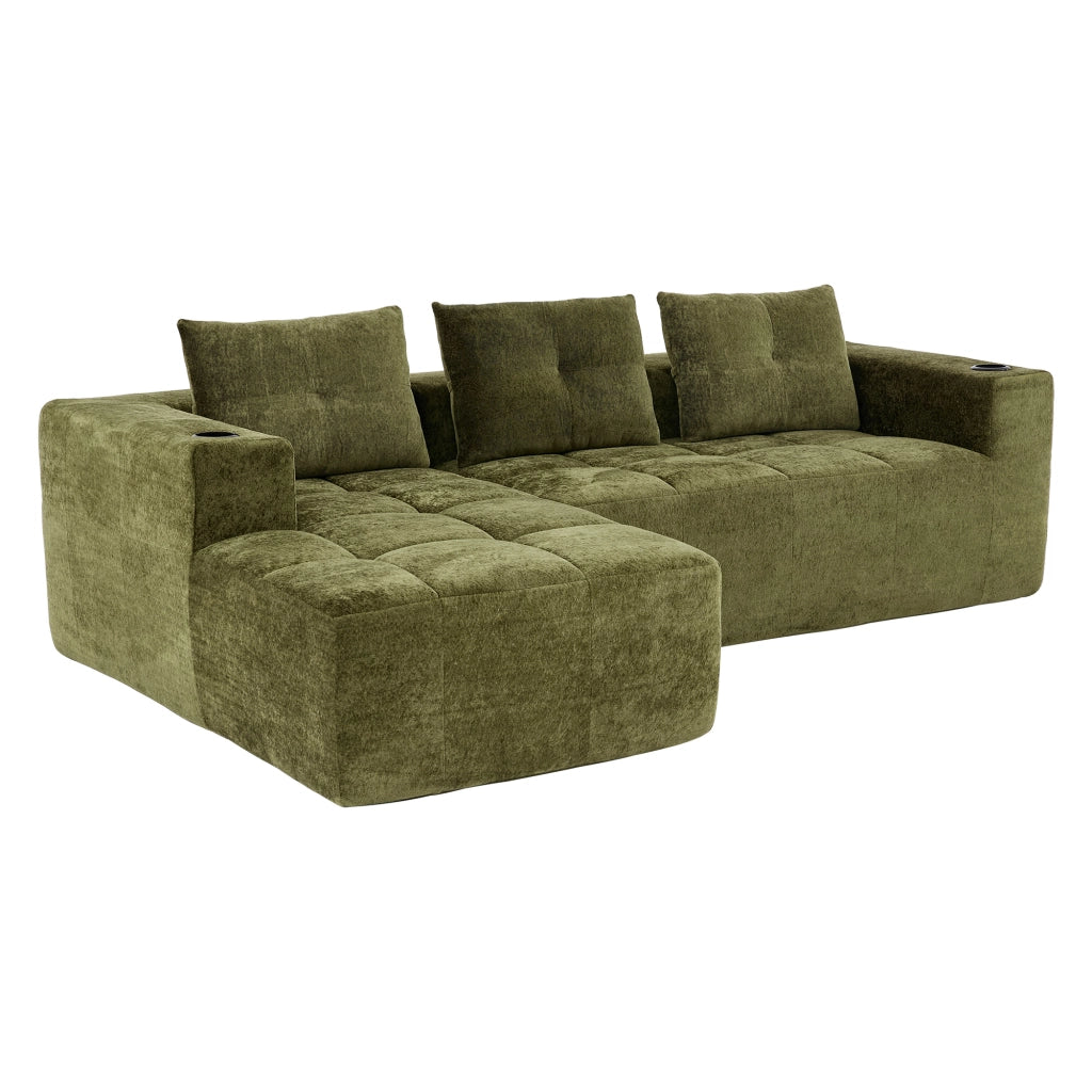 Divano angolare 4-5 posti con portabicchieri, Stile Moderno, in Chenille Verde