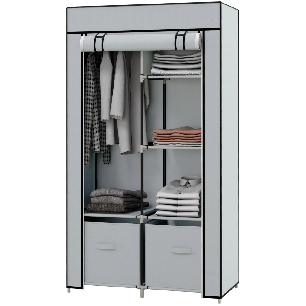Armadio portatile 83x42.5x162.5 cm con asta appendiabiti; 5 scomparti e cassetti in tessuto; acciaio grigio chiaro