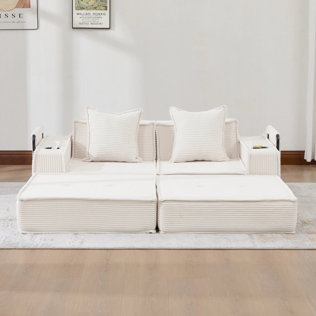 Divano 2 posti ULEVR 162x78x66 cm modulare con 2 cuscini e tasche laterali, tessuto a coste beige