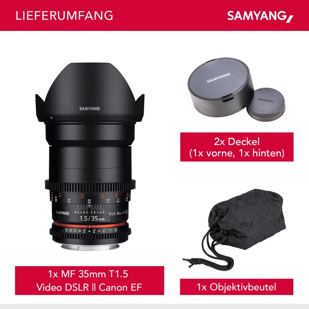 35/1.5 Lens Video DSLR II Obiettivo video Canon EF a messa a fuoco manuale 0,8 ingranaggi, grandangolo nero