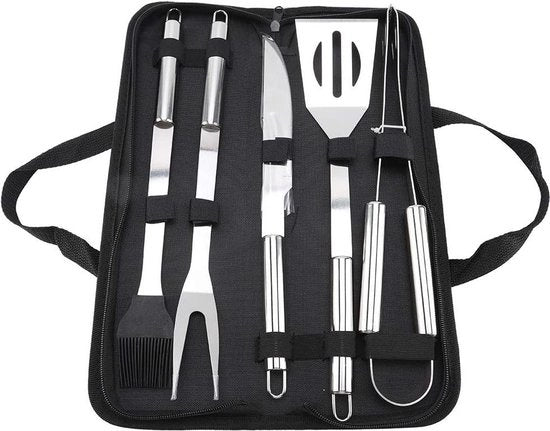Set di accessori barbecue in acciaio inossidabile - 5 pezzi - duraturo - set di accessori barbecue - esterno - set di grigliatura con coltello forchetta cucchiaio spazzola clip