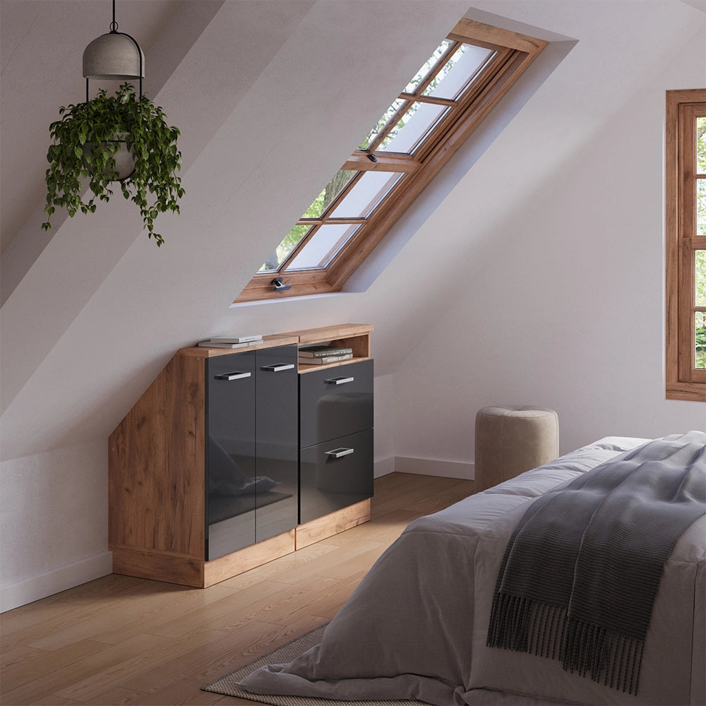 Mobile cucina sottotetto R-Line Antracite lucido/Rovere dorato 120 cm Set di 2 Vicco